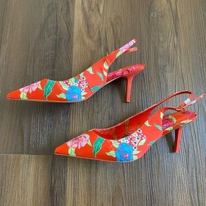 Aldo red pink green blue white floral satin slingbacks pointed toe heels pumps